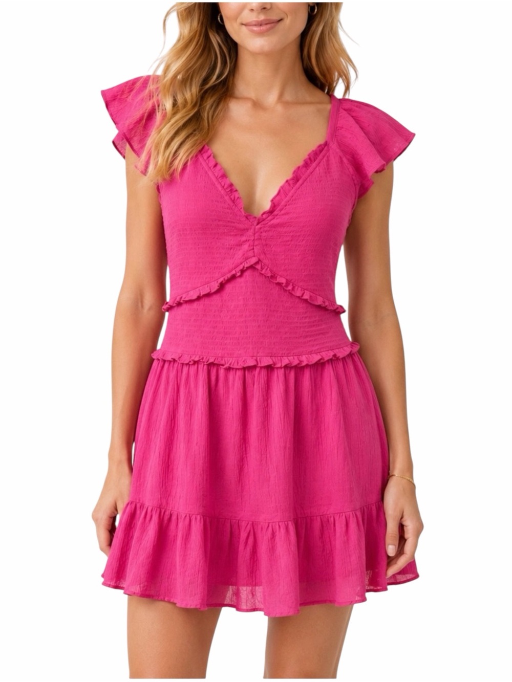 LoveShackFancy Ivella Smocked Flutter Sleeve Mini Dress Cotton Pink Large NWT
